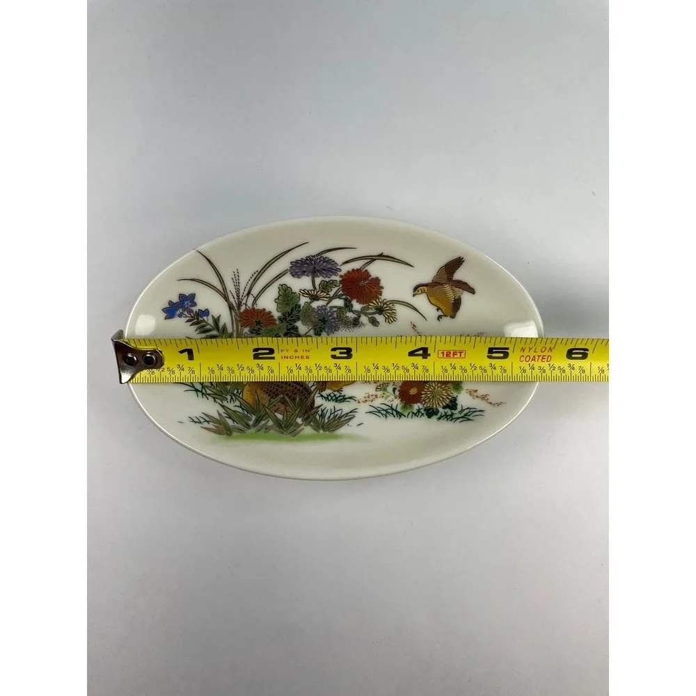 Vintage pedestal pheasants Flowers trinket soap dish porcelain‎ crackle glaze